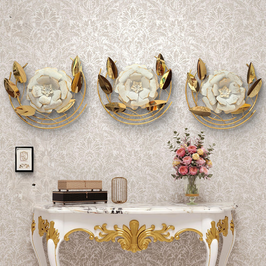 White flower with golden semi Circle metal wall art - set of 3