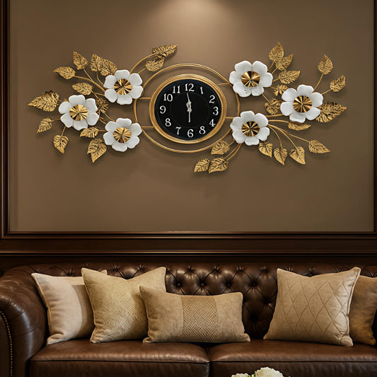 White floral wall clock with black dial