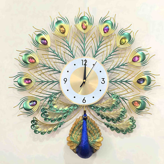 Peacock with feather Wall Clock with white and golden dial
